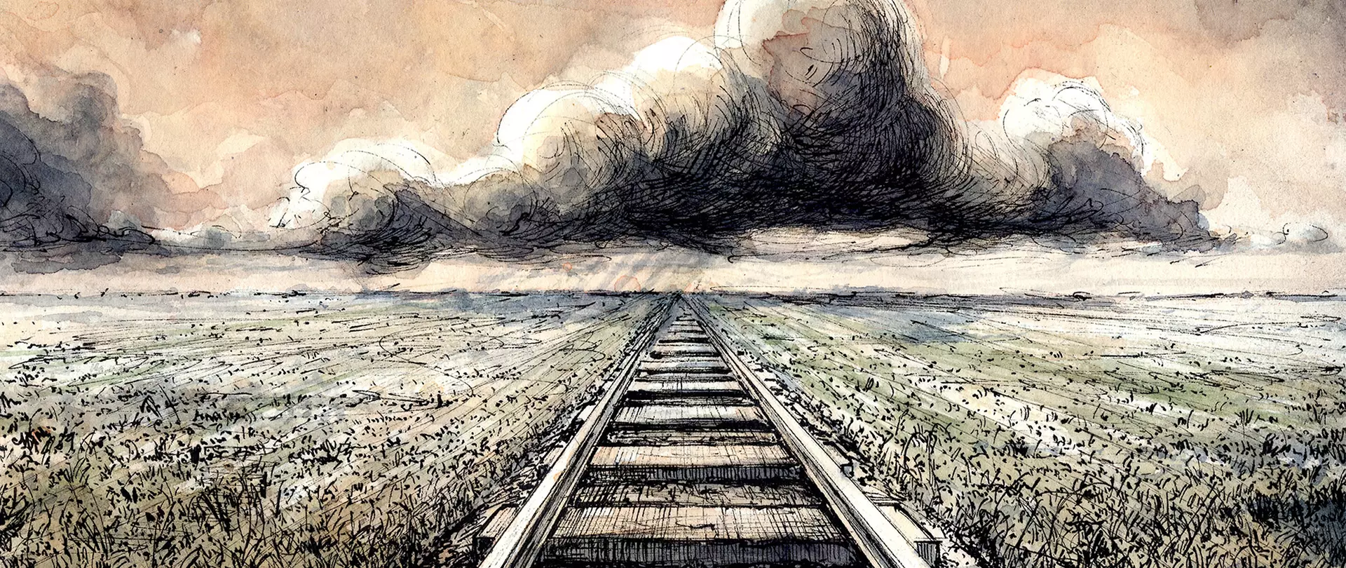 Zeichnung einer endlosen Eisenbahnstrecke durch eine weite, flache Landschaft unter dramatischen Wolken erstellt von artistravel Dozent Andreas Noßmann