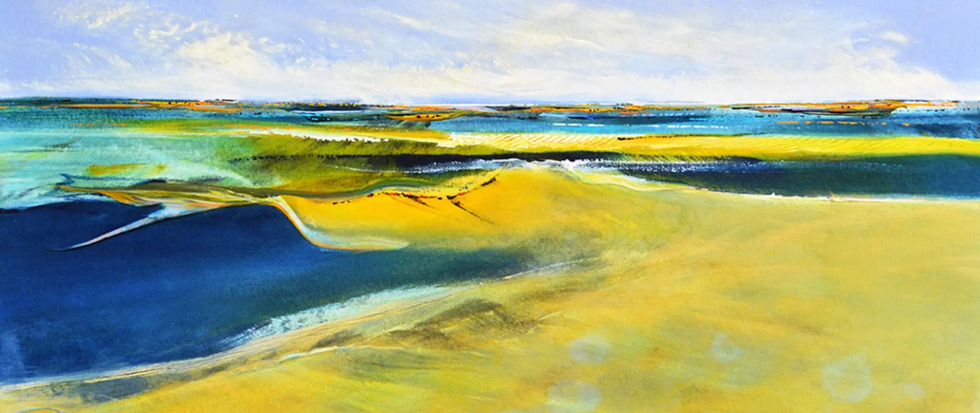 Abstrakte Landschaft in leuchtenden Gelb-, Blau- und Grüntönen, die Fantasie und Erinnerung in dynamischer, fließender Form visualisiert