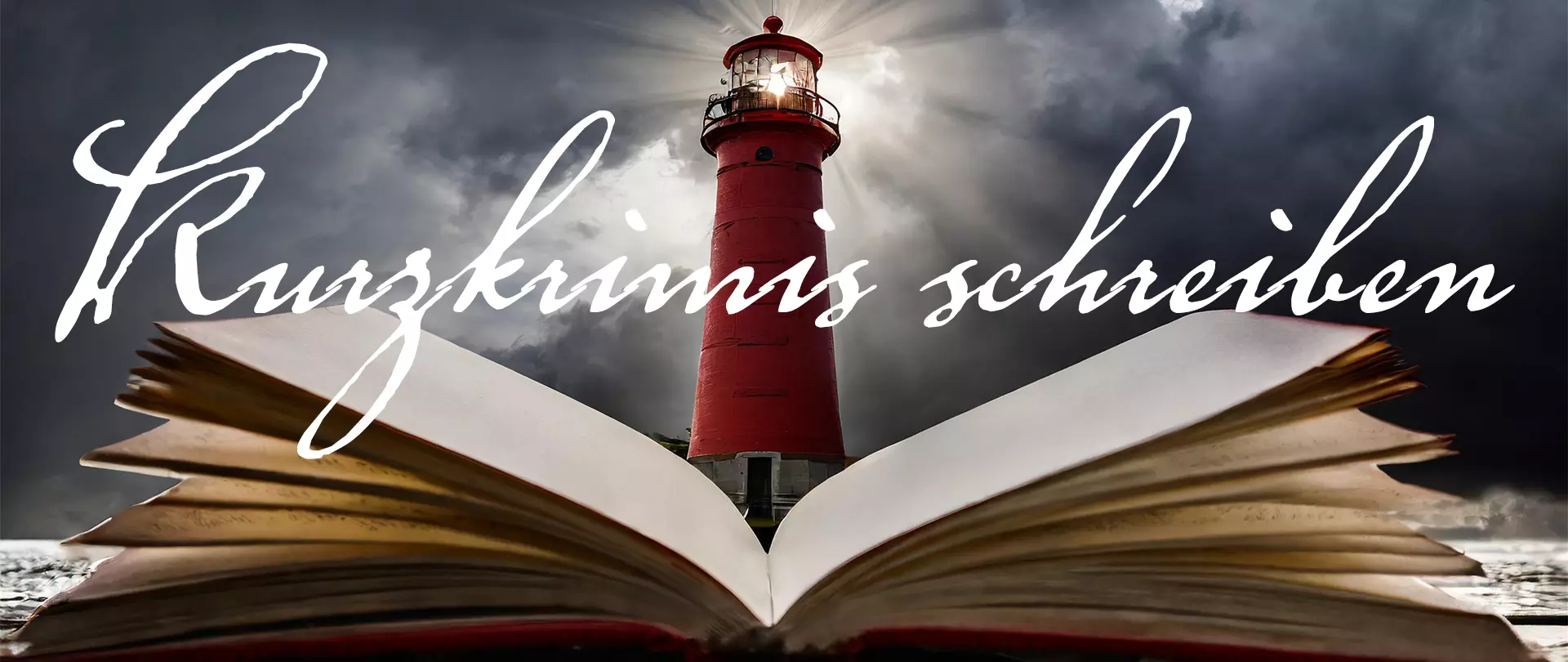 Offenes Buch vor einem Leuchtturm unter bewölktem Himmel mit dem Schriftzug 'Kurzkrimis schreiben'