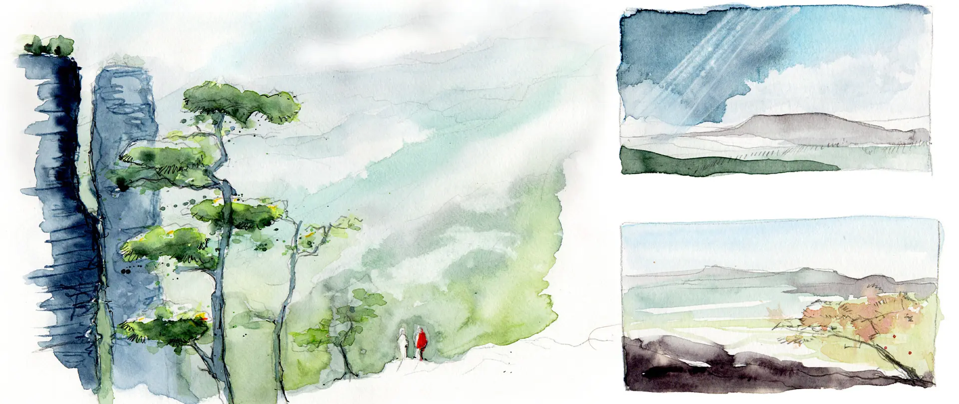 Aquarellskizzen von Landschaften mit Felsen, Bäumen und zwei kleinen Figuren sowie stimmungsvolle Himmel und Fernblicke mit Wind- und Wettereffekten