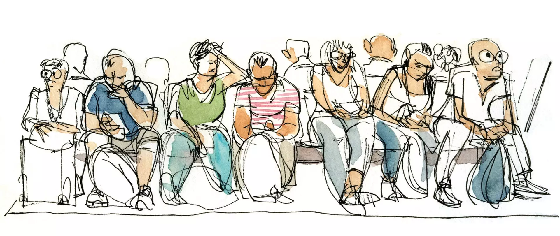 Skizze von acht Personen, die auf einer Bank sitzen, einige lesen oder schauen auf ihre Handys