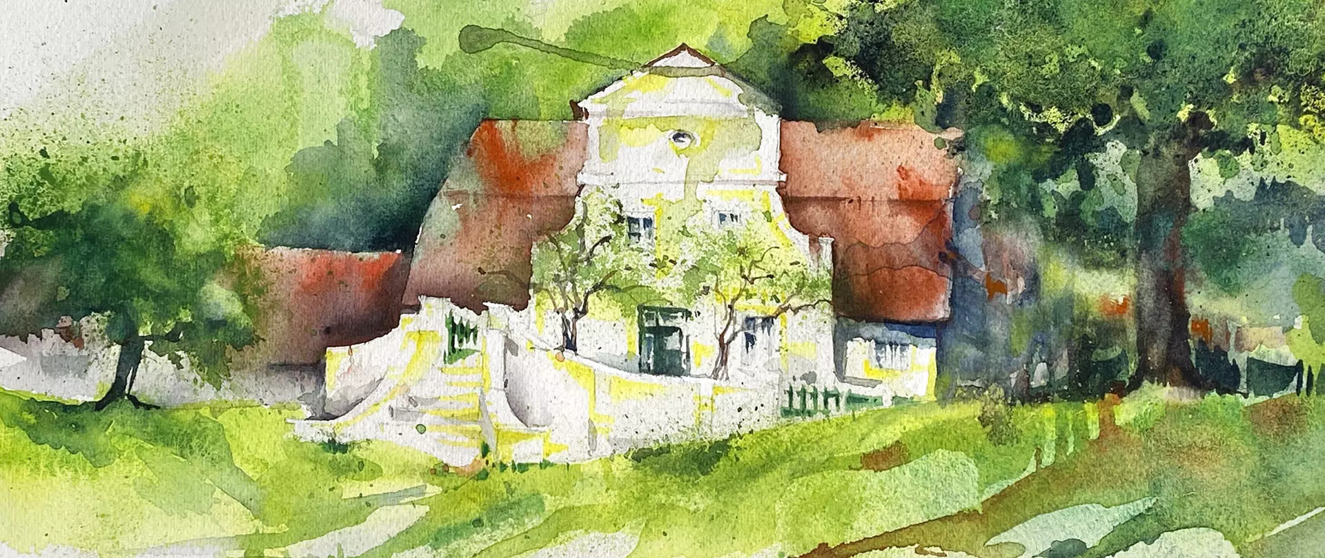 Aquarell eines alten Hauses mit roten Dächern und weißen Wänden, umgeben von Bäumen und grüner Wiese