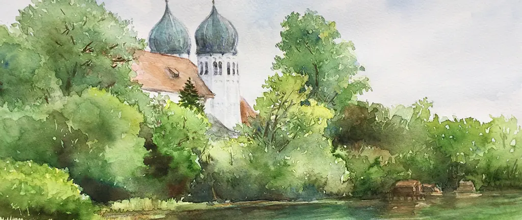 Aquarell-Landschaft mit Fluss, grünen Bäumen und einer Kirche mit Zwiebeltürmen im malerischen Allgäu