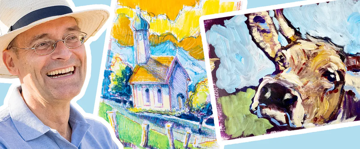 Mann mit Hut lächelt neben farbenfroher Landschaftsmalerei und einer detailreichen Eselzeichnung in einem offenen Atelier-Kurs