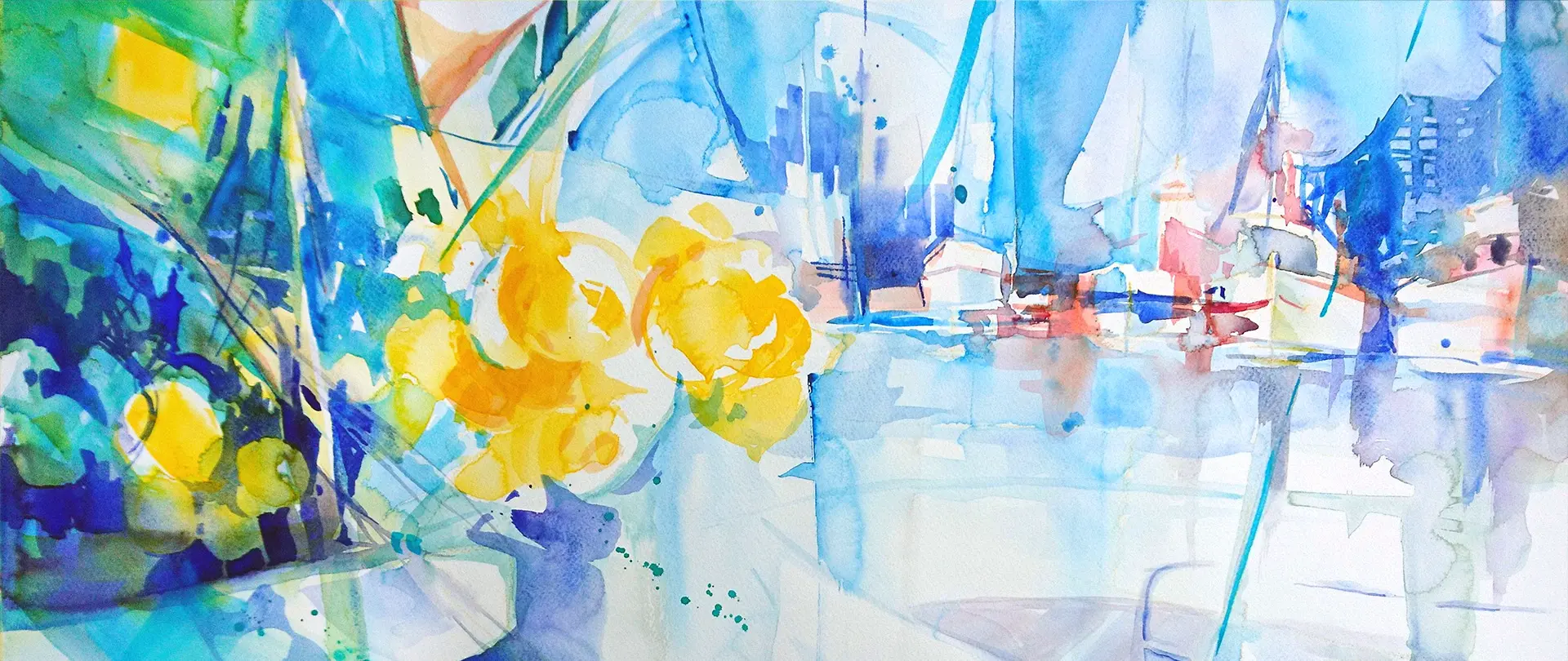 Aquarellmalerei mit gelben Blumen und bootartigen Formen in Blau und Weiß, die einen sehnsuchtsvollen, fantasievollen Ort darstellen