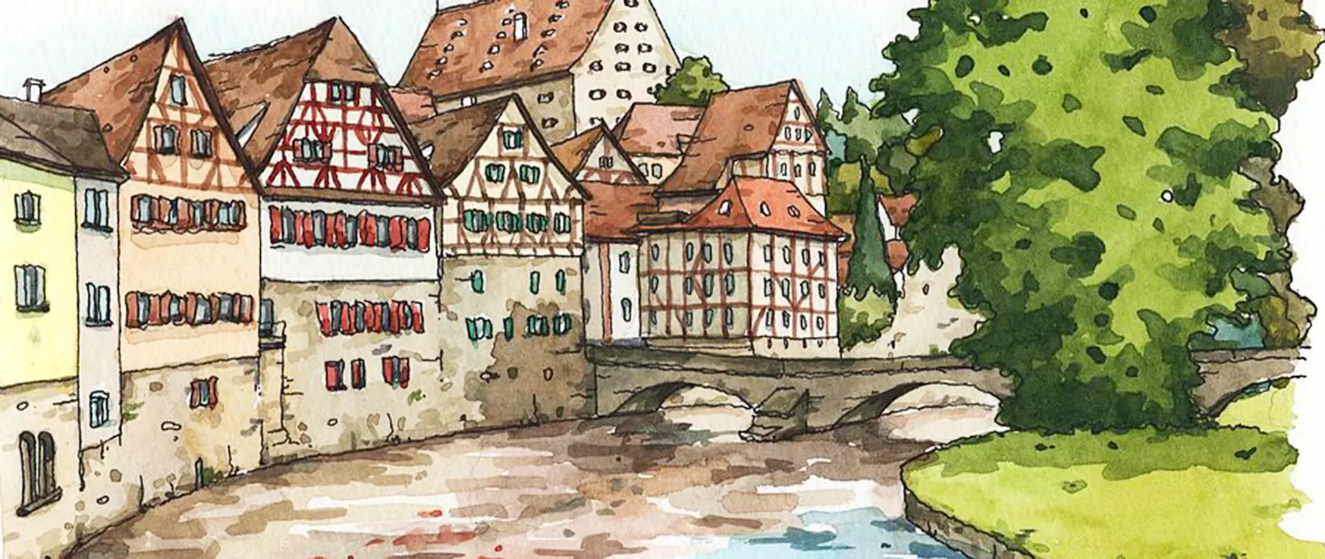 Wasserfarbene Skizze einer europäischen Altstadt mit Fachwerkhäusern und Fluss, ideal für Urban Sketching Lernkurs zu Stadtszenen und Architektur