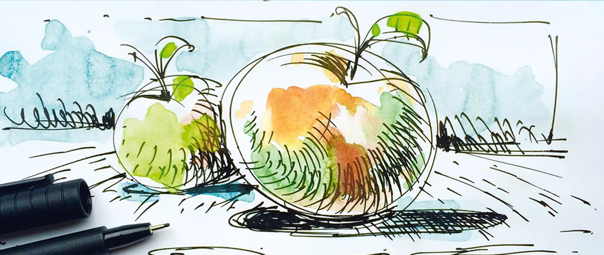 Skizze von zwei Äpfeln mit grünen und orangefarbenen Akzenten, gezeichnet mit Tusche und Aquarellfarben, zeichnen, aquarell, erstellt von artistravel Dozent Sebastian Gothe