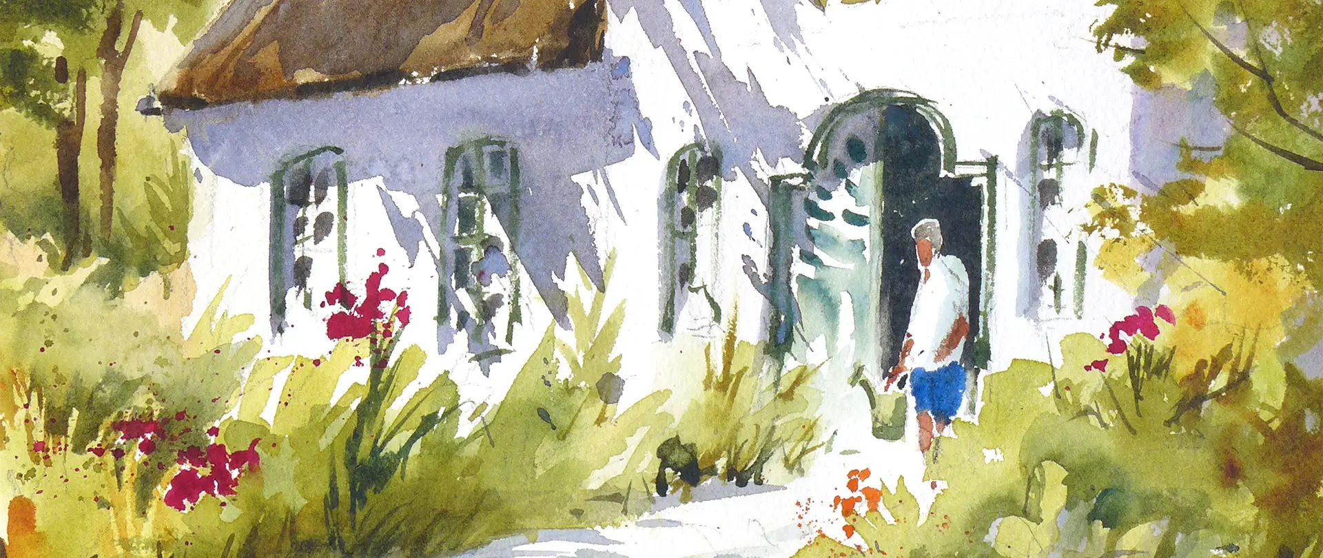 Aquarell eines Hauses mit leuchtenden Licht- und Schattenkontrasten, umgeben von blühenden Pflanzen und einem Menschen im Vordergrund