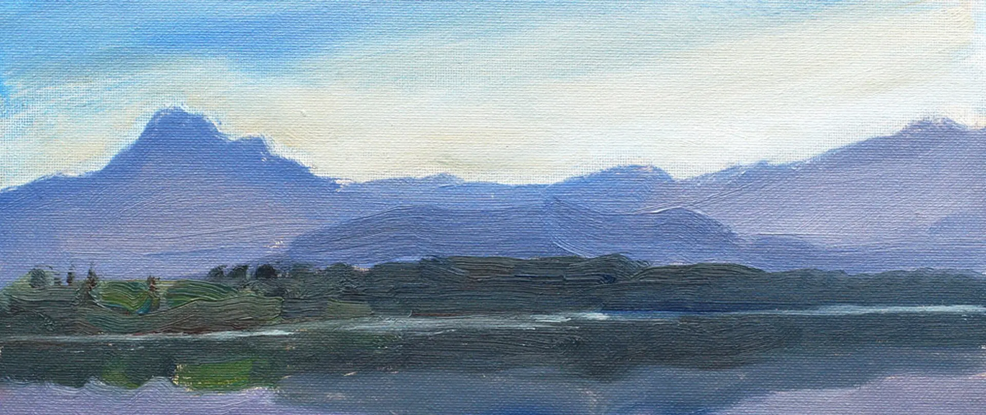 Landschaftsskizze in Öl mit blauem Himmel, Bergsilhouetten und ruhigem See als Spiegelung der Natur