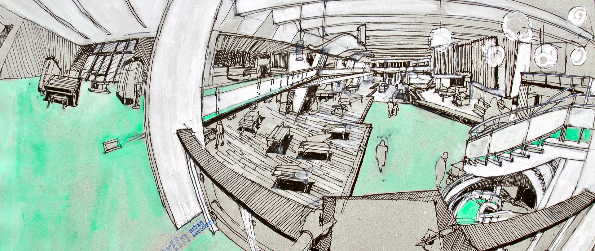 Skizze eines Innenraums mit mobiler Möblierung und verzerrter Fisheye-Perspektive zur Darstellung von räumlicher Tiefe und neuen Sichtweisen