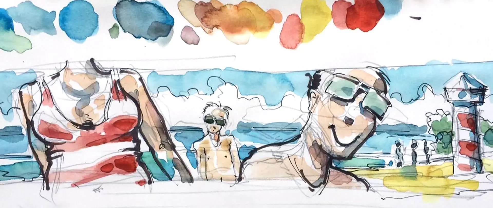 Sommerliche Strandillustration mit Menschen in Badebekleidung, lockerem Aquarellstil und lebendigen Farbklecksen, die Skizzieren und Zeichnen vermitteln