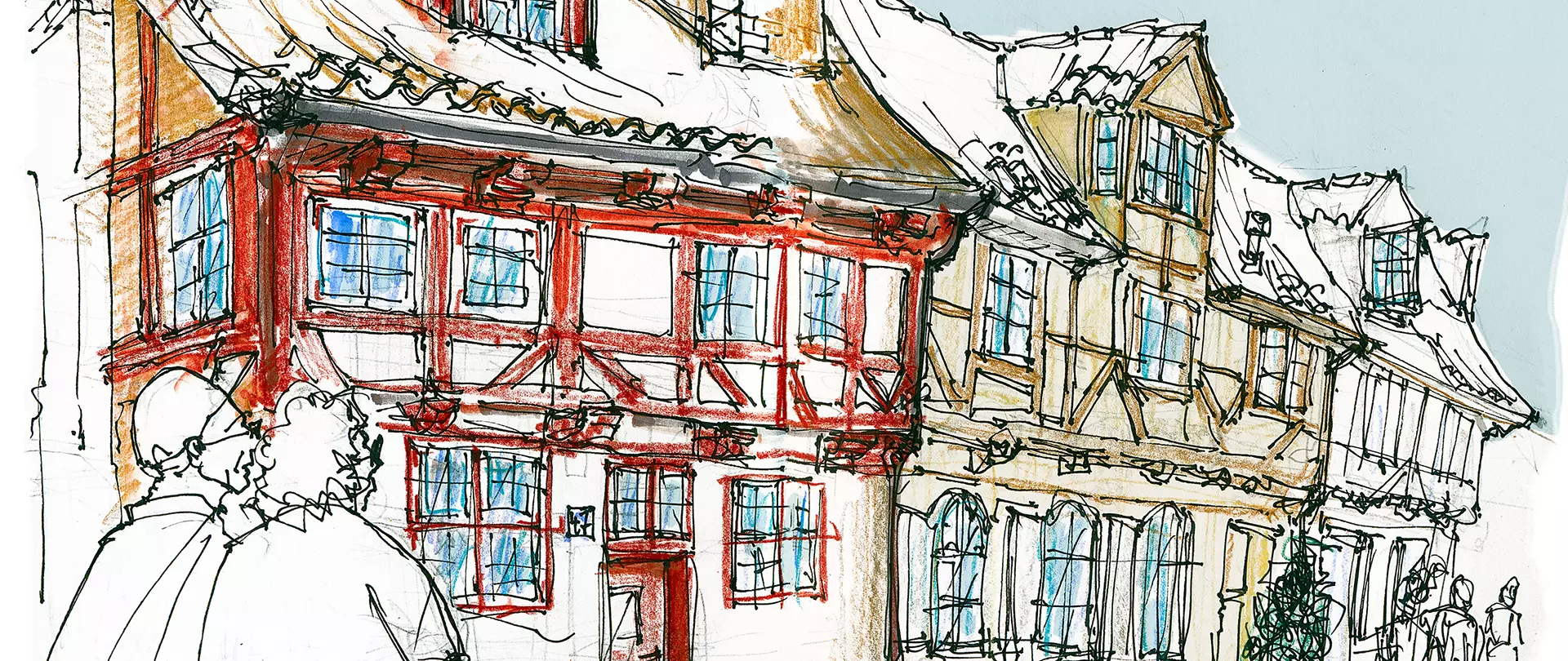 Urban Sketching von zwei Personen und Gebäuden im Hintegrund erstellt von artistravel Dozentin Anette Leutloff