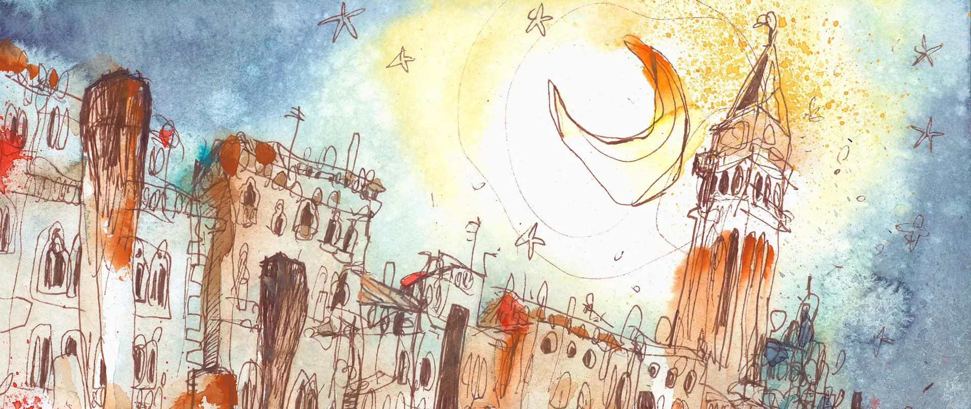 Städtische Skizze mit Aquarellfarben in lebhaften Tönen, Mond und Sterne über historischen Gebäuden, vermittelt schnelle, expressive Maltechnik