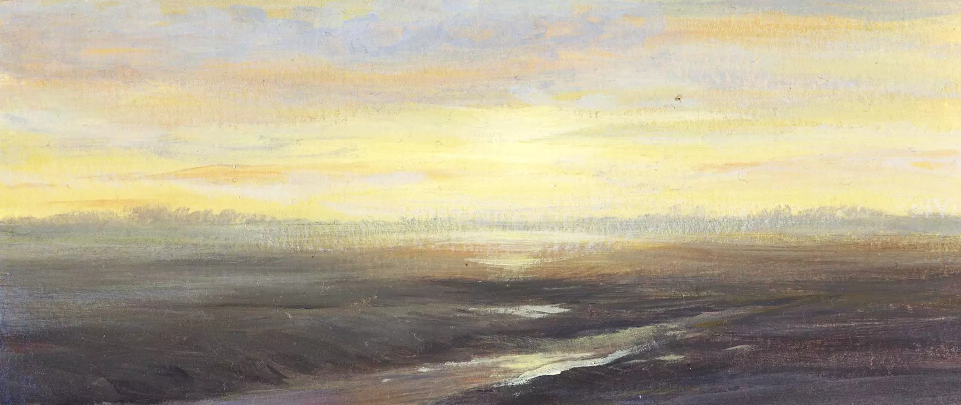 Acrylgemälde 'Goldenes Licht am Wattenmeer' zeigt eine weite Wattlandschaft bei Sonnenaufgang mit goldenem Licht und reflektierendem Wasser erstellt von artistravel Dozent Claus Rabba