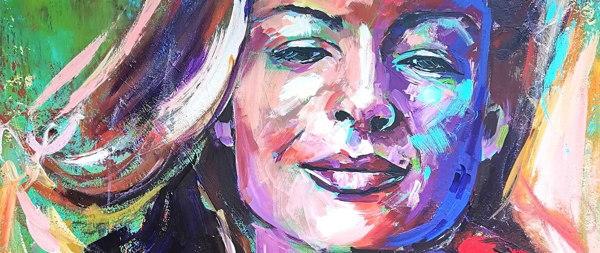 Expressives, farbenfrohes Portrait einer Frau mit lebendigem Pinselduktus, das Techniken für ausdrucksstarke Gesichter und Farbgestaltung im Kurs zeigt