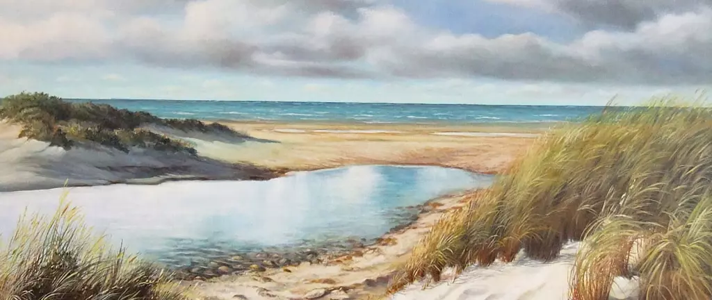 Landschaftsgemälde mit Dünen, Wasserlauf und bewölktem Himmel, Aquarell und Öl, Malkurs Acryl Prerow erstellt von artistravel Dozent Franz Schwarz