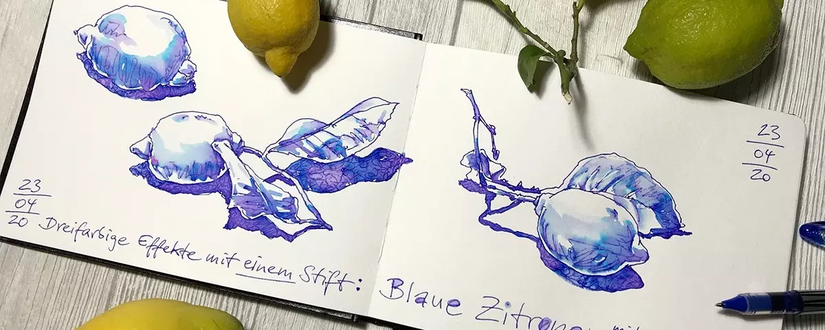 Skizzenbuch mit blauen Zitronenzeichnungen, echten Zitronen und Stift auf hellem Holztisch für Zeichenkurs "Sketching Basics"