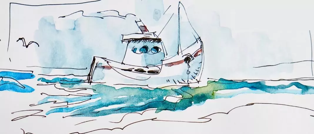 Farbige Skizze eines Bootes mit freundlichen Augen auf dem Meer, zeigt perspektivisches Zeichnen und Sketching-Grundlagen mit humorvollem Stil