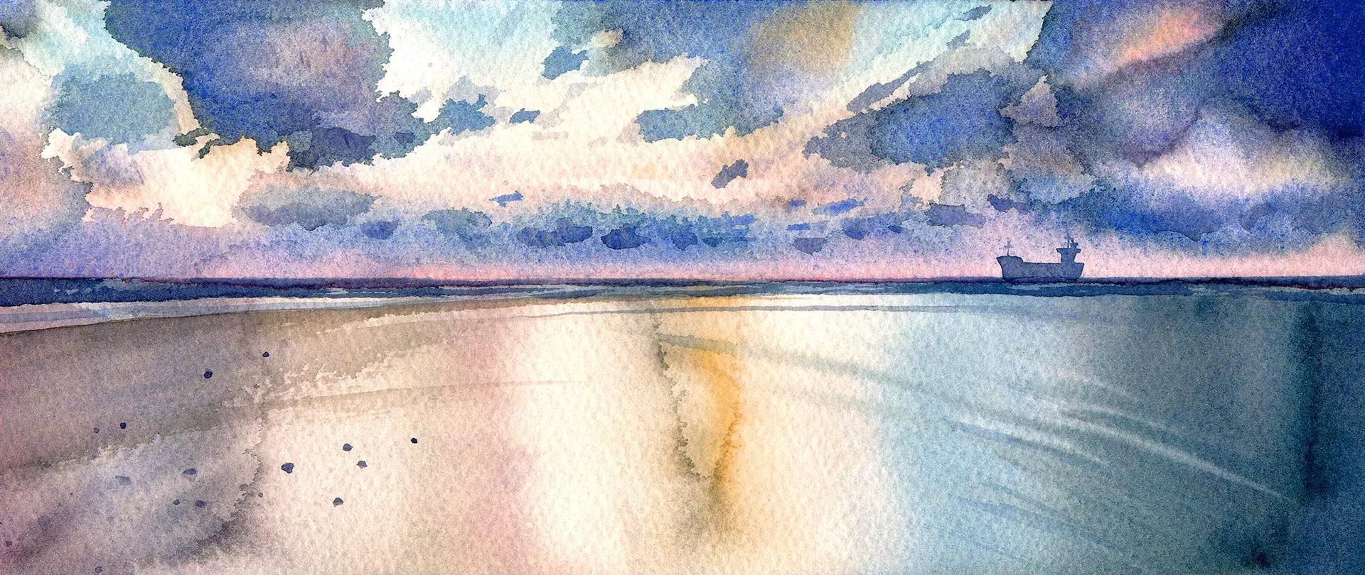 Sanfte Aquarelllandschaft mit Strand, ruhigem Meer und Wolkenhimmel, geprägt von Licht, Transparenz und harmonischen Farben für Malerei-Einsteiger