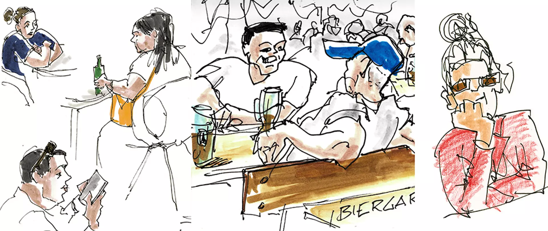 Skizzen von Menschen in verschiedenen Alltagssituationen, gezeichnet mit lockerem Strich und bunter Farbgebung