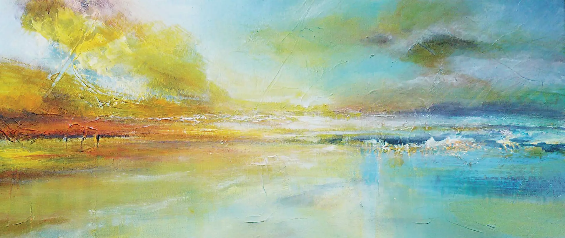 Landschaftsgemälde in Acryl mit weitem Himmel, Wasserfläche und gelb-grünen Bäumen am linken Rand erstellt von artistravel Dozent Gabriele Templin Kirz