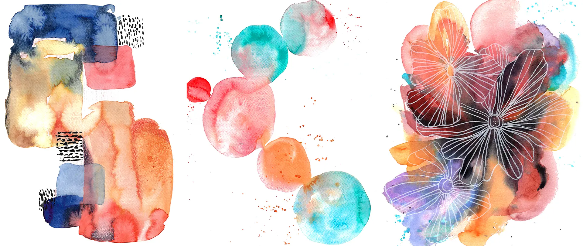 Abstrakte Aquarellmuster mit lebendigen Farben und floralen Zeichnungen, die kreative Maltechniken und Farbmischungen vermitteln