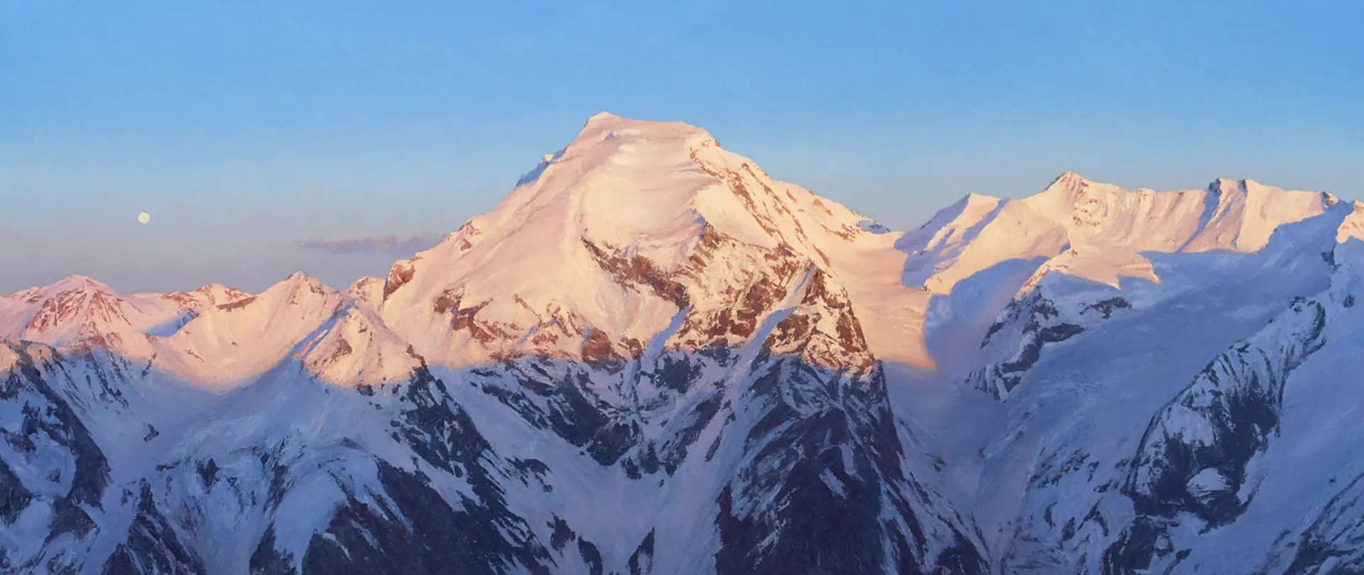 Berglandschaften Schneebedeckte Berggipfel im warmen Morgenlicht mit sanften Schatten und klarem Himmel, ideal für realistische Bergportraits in der Malerei