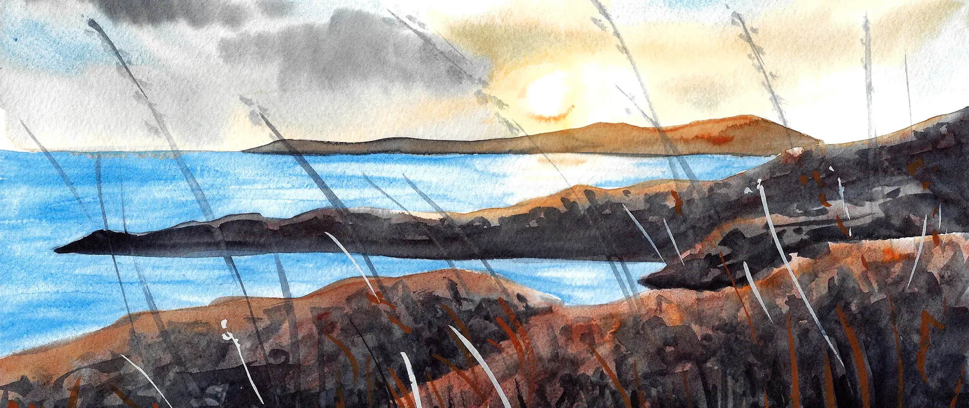 Winterliche Küstenlandschaft mit Sonnenuntergang und sanften Aquarellfarben für Anfänger im Landschaftsmalen