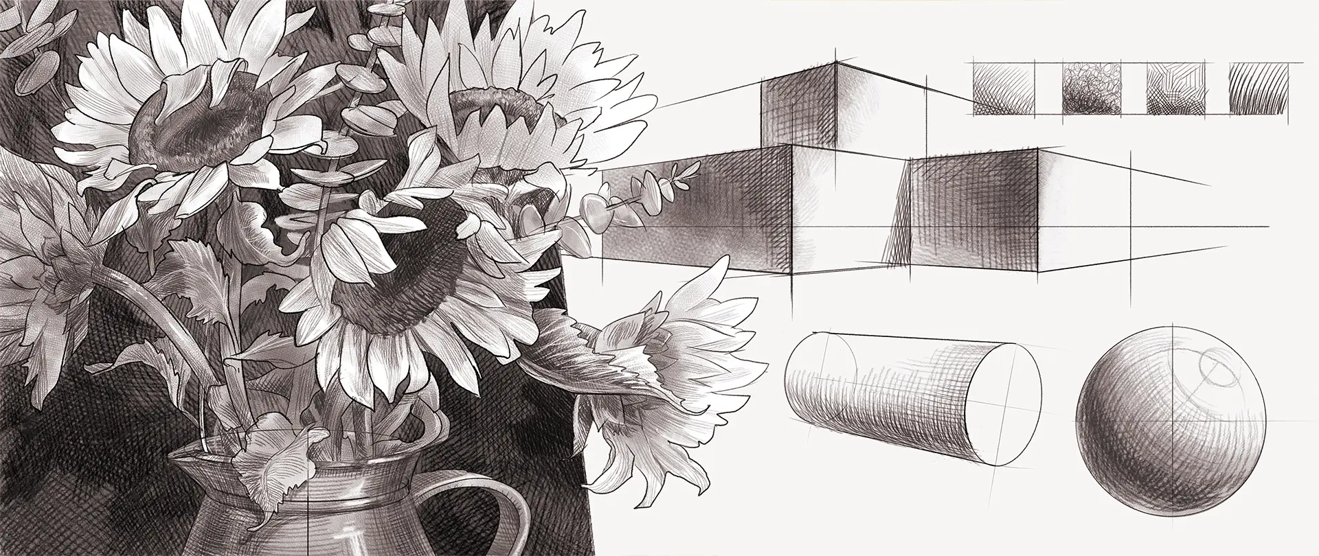 Skizzen von Sonnenblumen in einer Vase kombiniert mit Perspektivübungen zu Würfeln, Zylindern und Kugeln als Zeichen-Grundlagen
