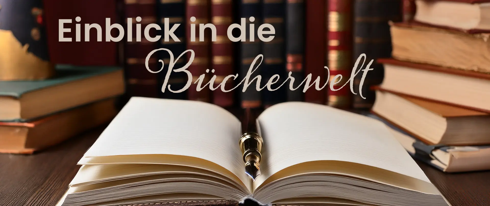 Offenes Buch auf Holztisch vor Bücherregal mit Schriftzug "Einblick in die Bücherwelt" und Stapeln von Büchern im Hintergrund