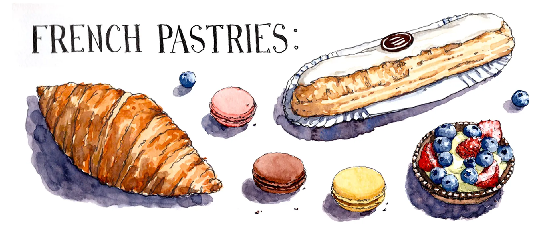 Aquarellzeichnung französischer Gebäckspezialitäten wie Croissant, Eclair, Macarons und Beeren-Tarte, illustriert mit feinen Tintenlinien