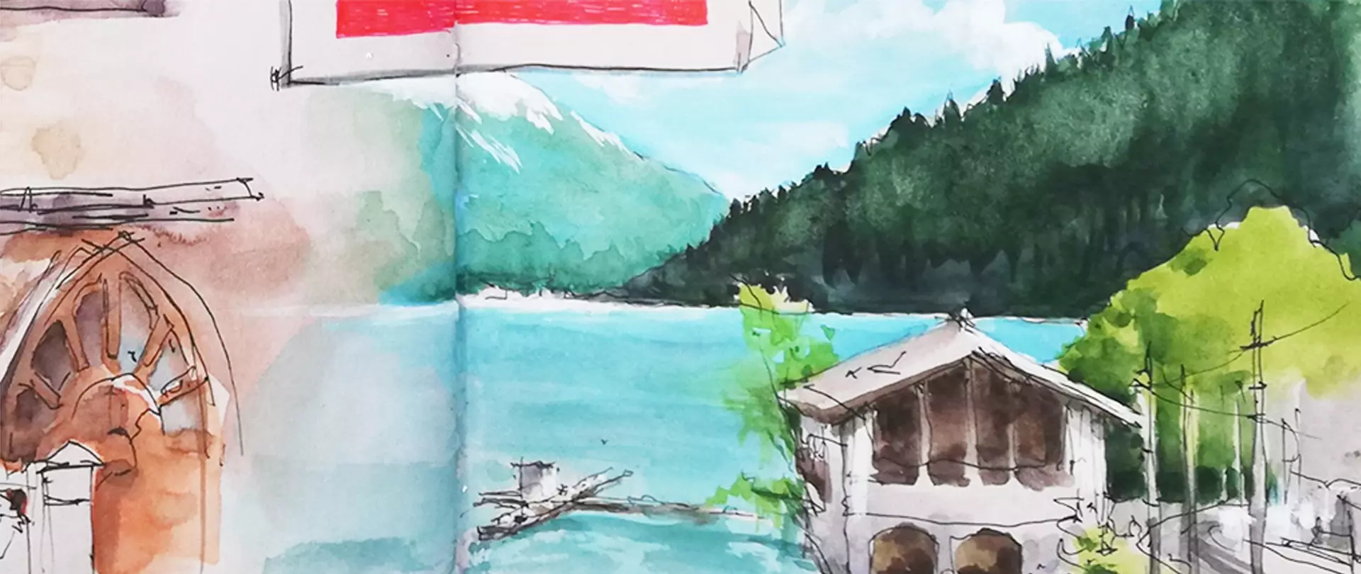 Urban Sketching zeigt eine Aquarellzeichnung eines Sees mit Boot, Häusern und bewaldeten Bergen im Hintergrund erstellt von artistravel Dozent Gris