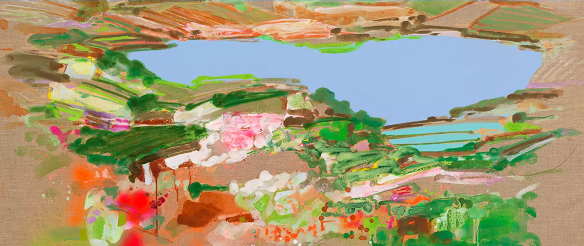 Landschaftsgemälde mit See, grünen Feldern und bunten Blumen, gemalt mit Acrylfarben erstellt von artistravel Dozentin Susanne Maurer