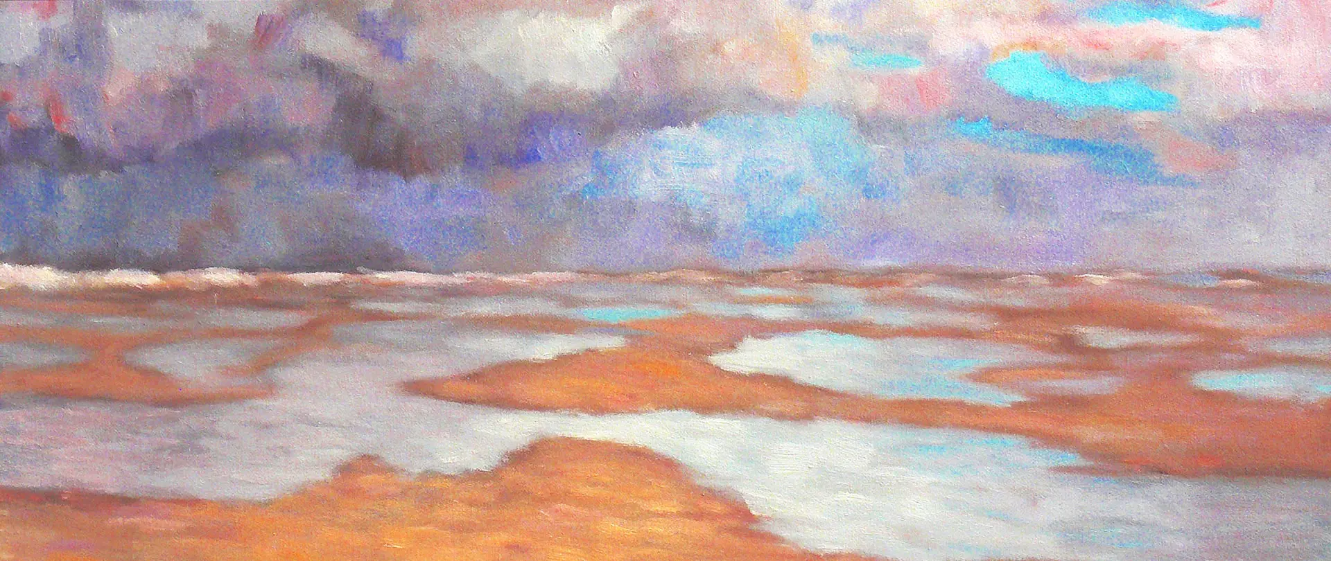 ff4f9fd0 cefe 45b5 824c 95a9b2de5441 Abstrakte Küstenlandschaft mit farbintensiven Wolken, Wasserflächen und Sand, die die Balance zwischen Realität und künstlerischer Freiheit in der Landschaftsmalerei zeigt