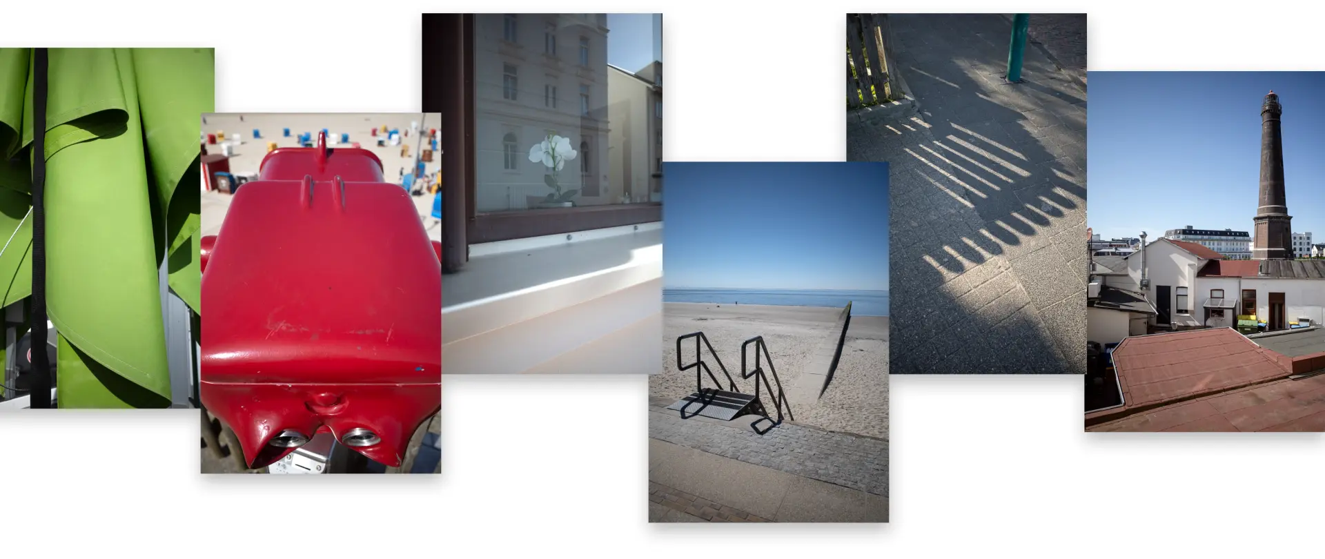Grüne Blätter, rote Vespa, Spiegelung an Fenster, leere Strandtreppe, Schatten auf Pflaster und Fabrikgebäude mit Schornstein als kreative Bildbeispiele