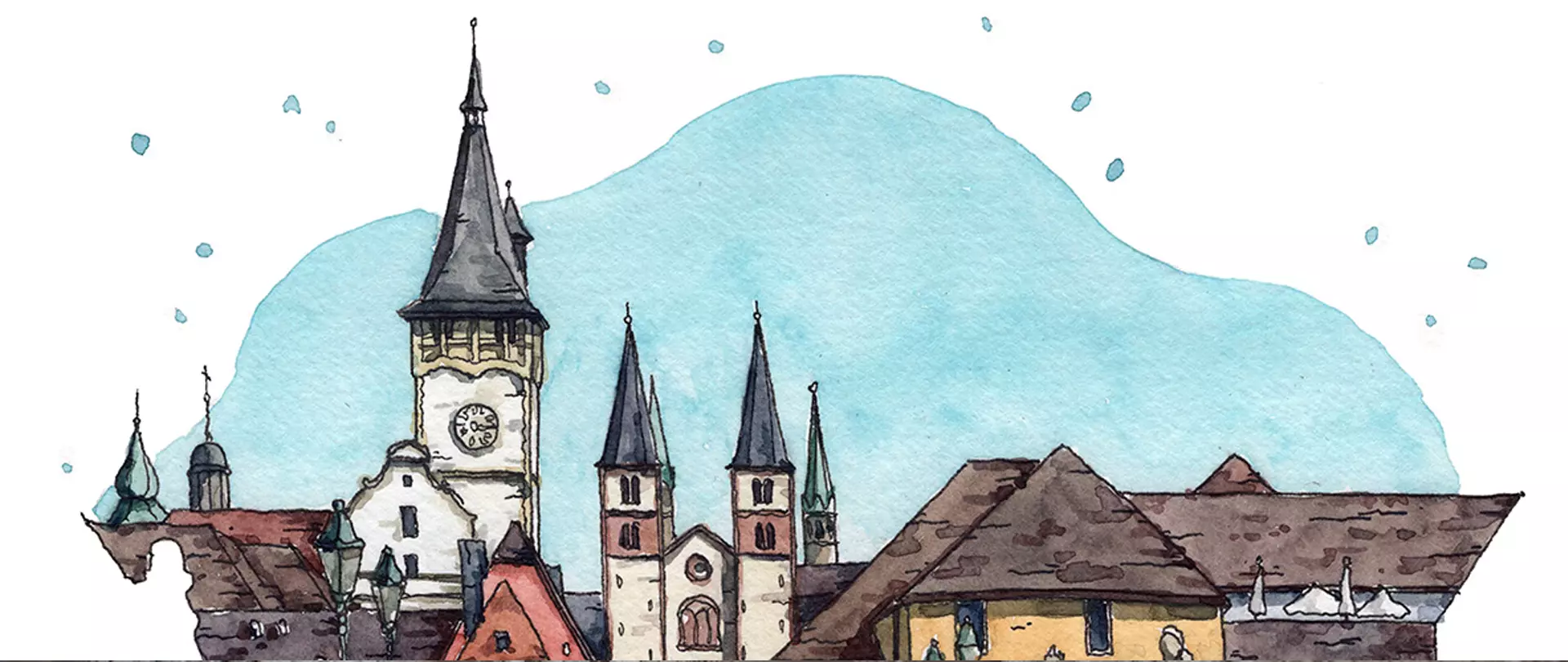 Wasserfarbene Skizze einer Stadt mit markanten Kirchtürmen und Dachlandschaft, die urbanes Zeichnen und Architektur in natürlichen Farben zeigt