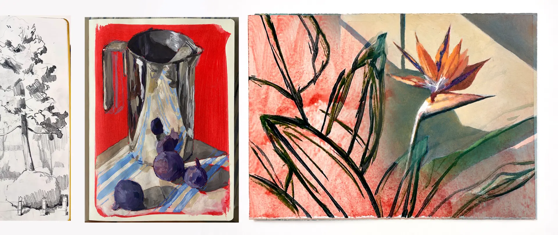 Drei Kunstwerke in Mixed Media auf Papier mit Baumstudie, silberner Kanne und Pflaumen sowie abstraktem Vogel-des-Paradies-Blume-Motiv