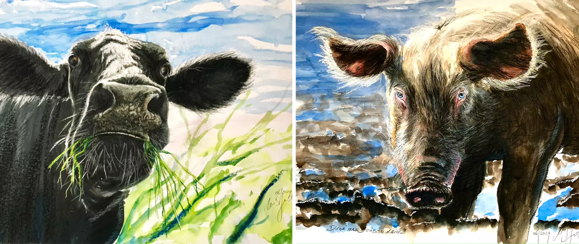 Zweifaches Aquarell-Porträt einer weidenden Kuh und eines Schweins mit lebendigen Farben und ausdrucksstarkem Stil