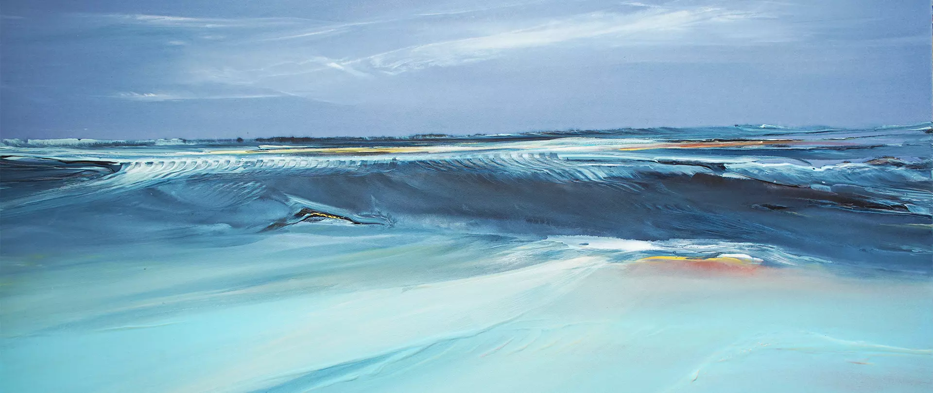 Abstrakte Eislandschaft in kühlen Blau- und Grautönen mit sanften Farbverläufen, die Weite, Kälte und Einsamkeit künstlerisch vermittelt