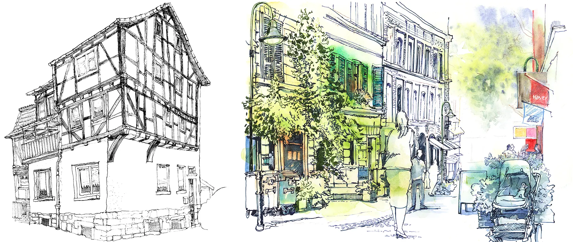 Skizze eines Fachwerkhauses und bunte Urban Sketching-Straßenszene mit Passanten und Pflanzendetails in Mixed Media