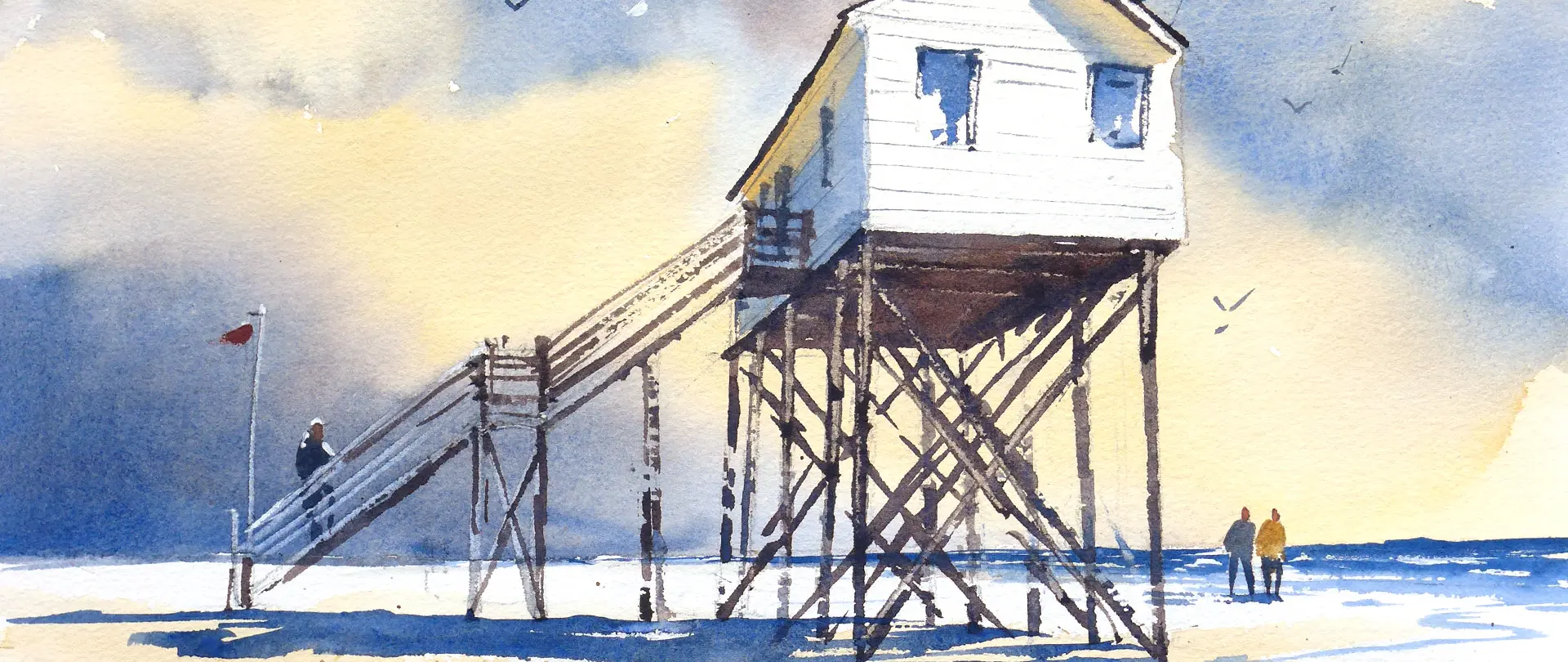 Hochgestelltes Strandhaus auf Stelzen mit langer Treppe, Strandspaziergänger und stimmungsvollem Himmel in Aquarelltechnik mit Licht- und Schattenkontrast