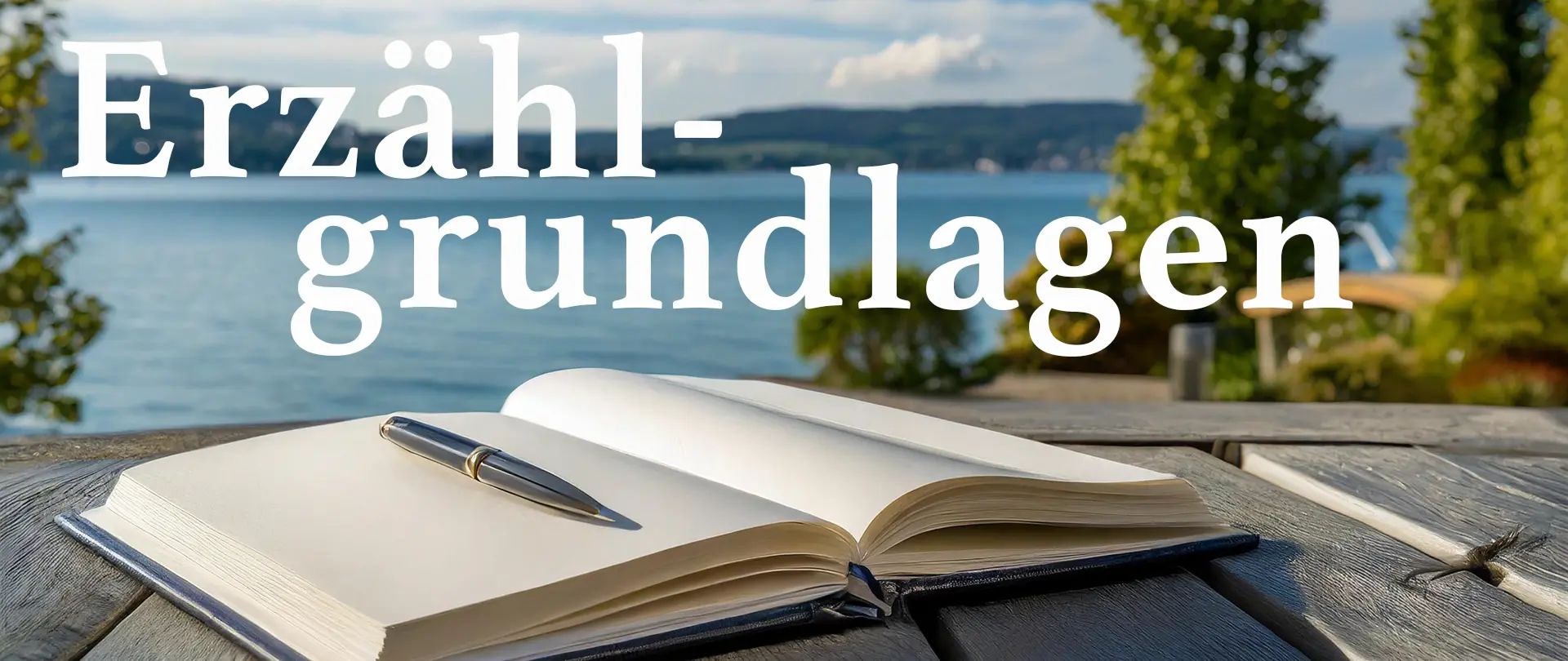 Schreiben im Kloster Seeon Offenes Notizbuch mit Stift auf Holztisch am Seeufer symbolisiert Schreiben und Erzählen in inspirierender Naturkulisse