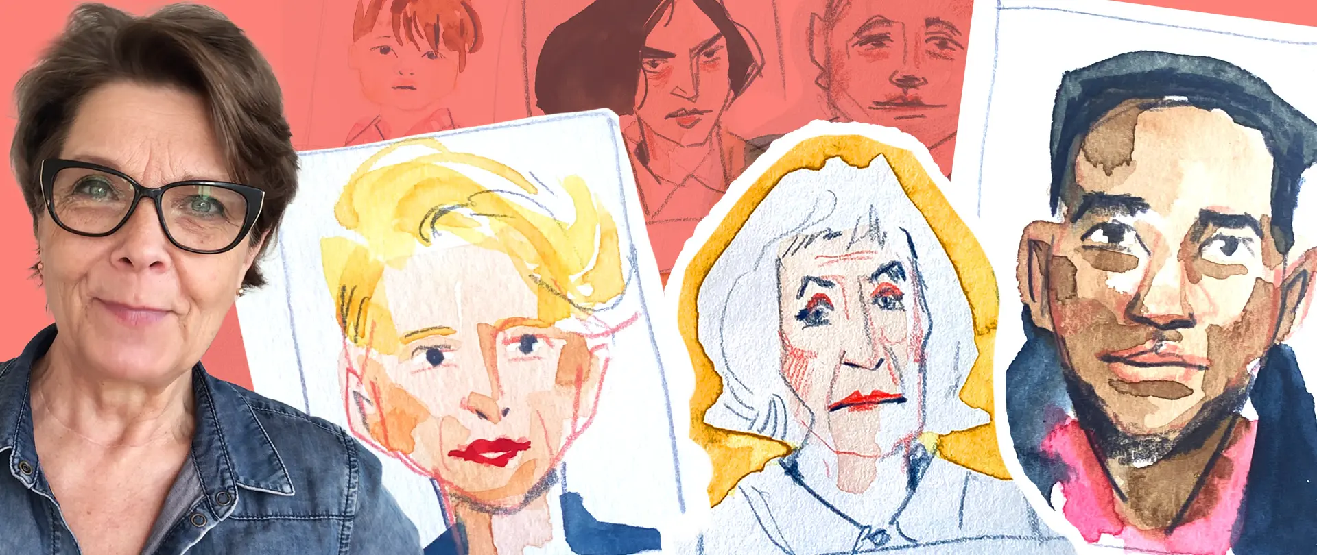 Ulrike Selders vor mehreren farbigen, skizzierten Portraits zeigt Vielfalt von Gesichtern aus einer Grundform im Portrait-Sketchen-Kurs