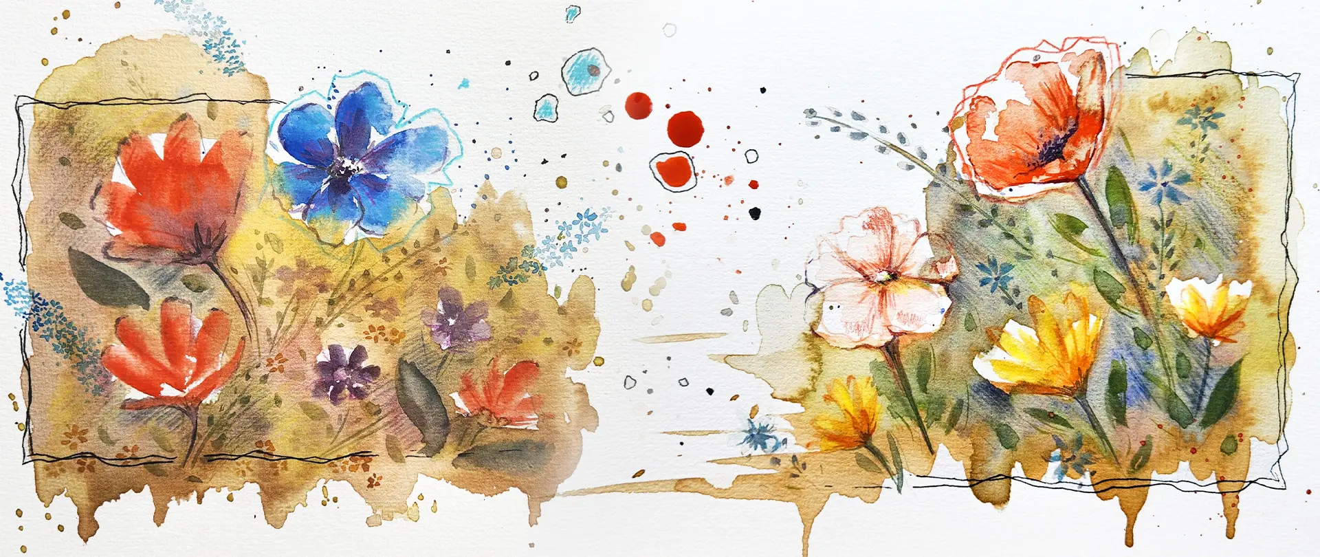 Aquarellmalerei mit bunten Blumen, Kaffeeflecken und spontanen Farbtropfen als kreative Gestaltungselemente