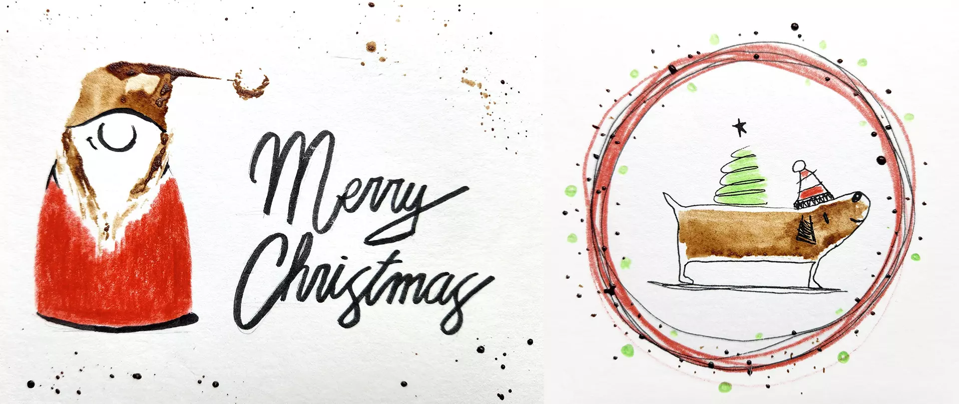 Weihnachtliche Zeichnungen mit Schriftzug „Merry Christmas“, Weihnachtsmannmütze und Dackel mit Weihnachtsbaum und Mütze im Kreis
