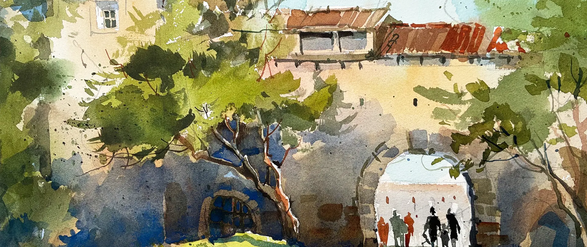 Potsdam mit dem Pinsel erkunden Aquarellszene mit historischem Tor in Potsdam, Bäumen und Menschen, die die Atmosphäre der Stadt beim Malen und Entdecken einfangen