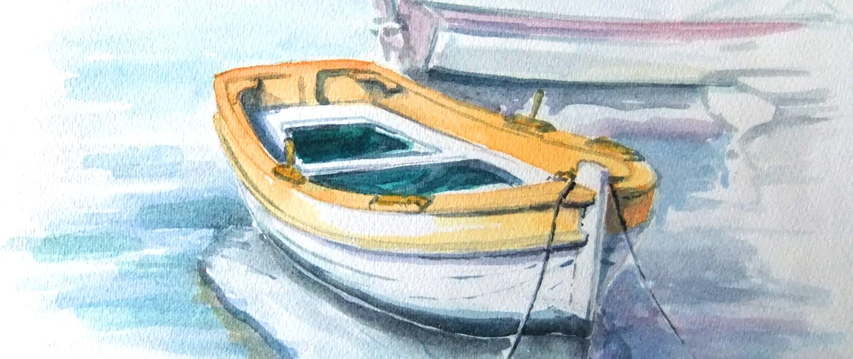 Aquarell-Malerei eines gelb-weißem Bootes auf ruhigem Wasser als Beispiel für malerische Nordsee-Motive im Landschaftskurs