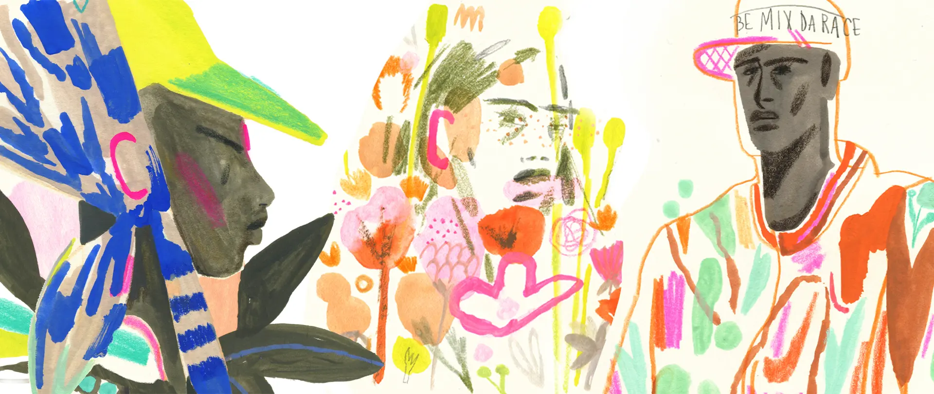 m werk Anni von Bergen Botanische Portraits Bunte stilisierte Portraits von Menschen mit floralen Mustern und Blättern, umgesetzt in Buntstift und Gouache, vermittelt kreative botanische Kunst für After-Work-Kurs