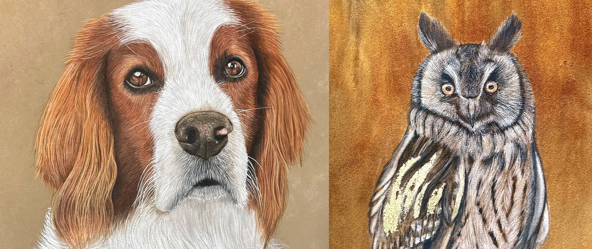 Mit Acryl malen lernen: Tierportraits Realistische Acryl-Malerei eines Hundes und einer Eule als Beispiele aus dem Kurs "Mit Acryl malen lernen: Tierportraits"