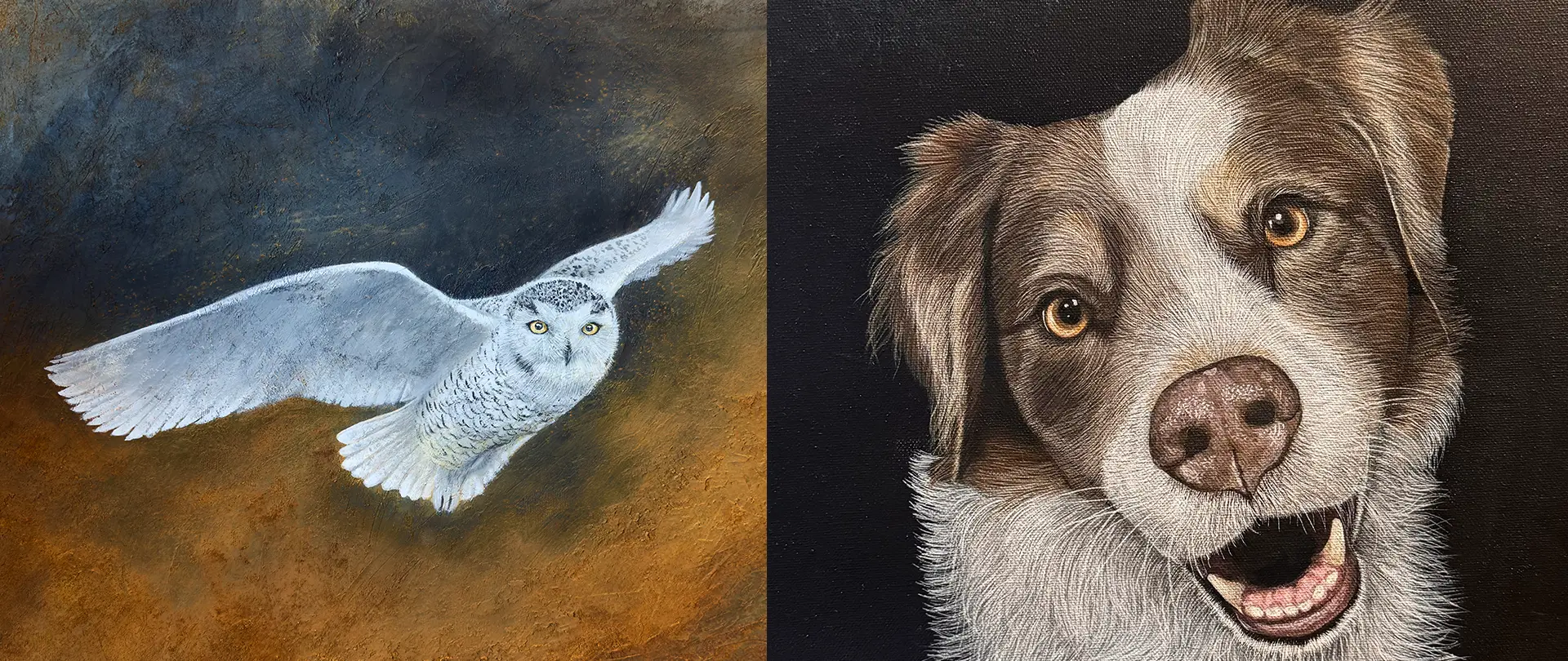 Schnee-Eule im Flug vor dunklem Hintergrund und lachender Hundesportret mit braun-weißem Fell auf schwarzem Hintergrund, Acryl-Gemälde